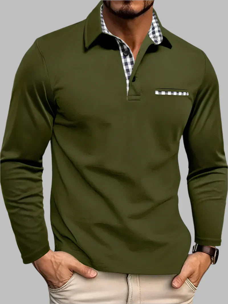 Nokmo | Men's Long Sleeve Polo Shirt with Gingham Trim