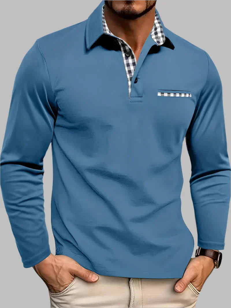 Nokmo | Men's Long Sleeve Polo Shirt with Gingham Trim