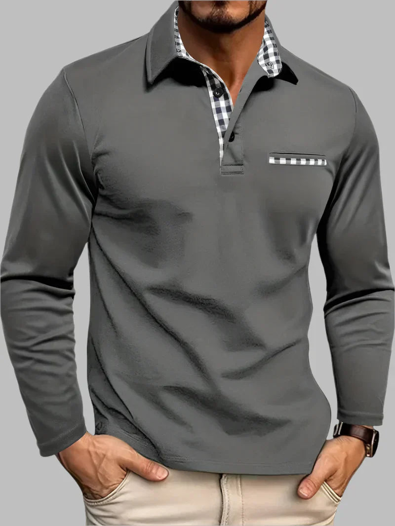 Nokmo | Men's Long Sleeve Polo Shirt with Gingham Trim