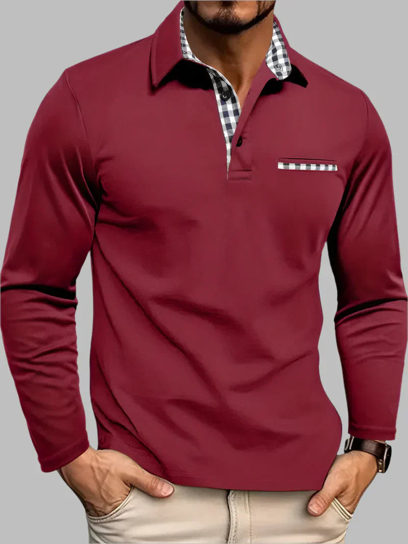 Nokmo | Men's Long Sleeve Polo Shirt with Gingham Trim