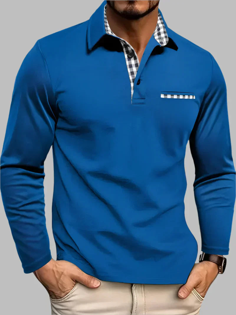 Nokmo | Men's Long Sleeve Polo Shirt with Gingham Trim