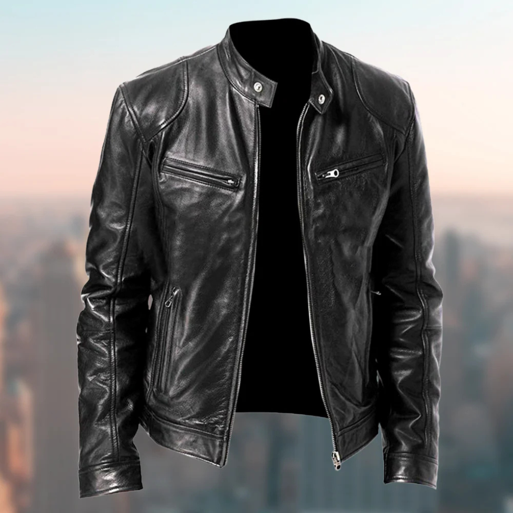 Nokmo | Men's Racer Leather Jacket with Zippered Pockets