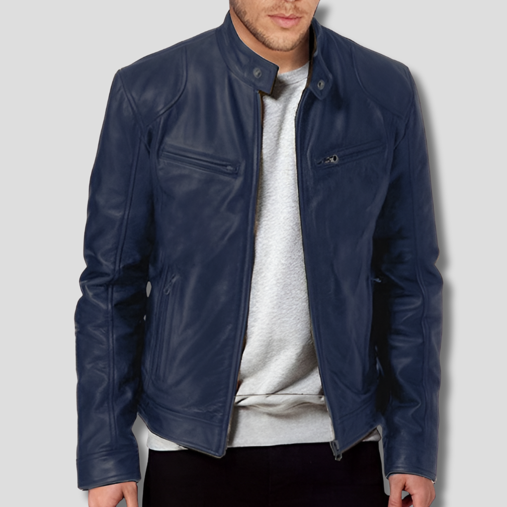 Nokmo | Men's Racer Leather Jacket with Zippered Pockets