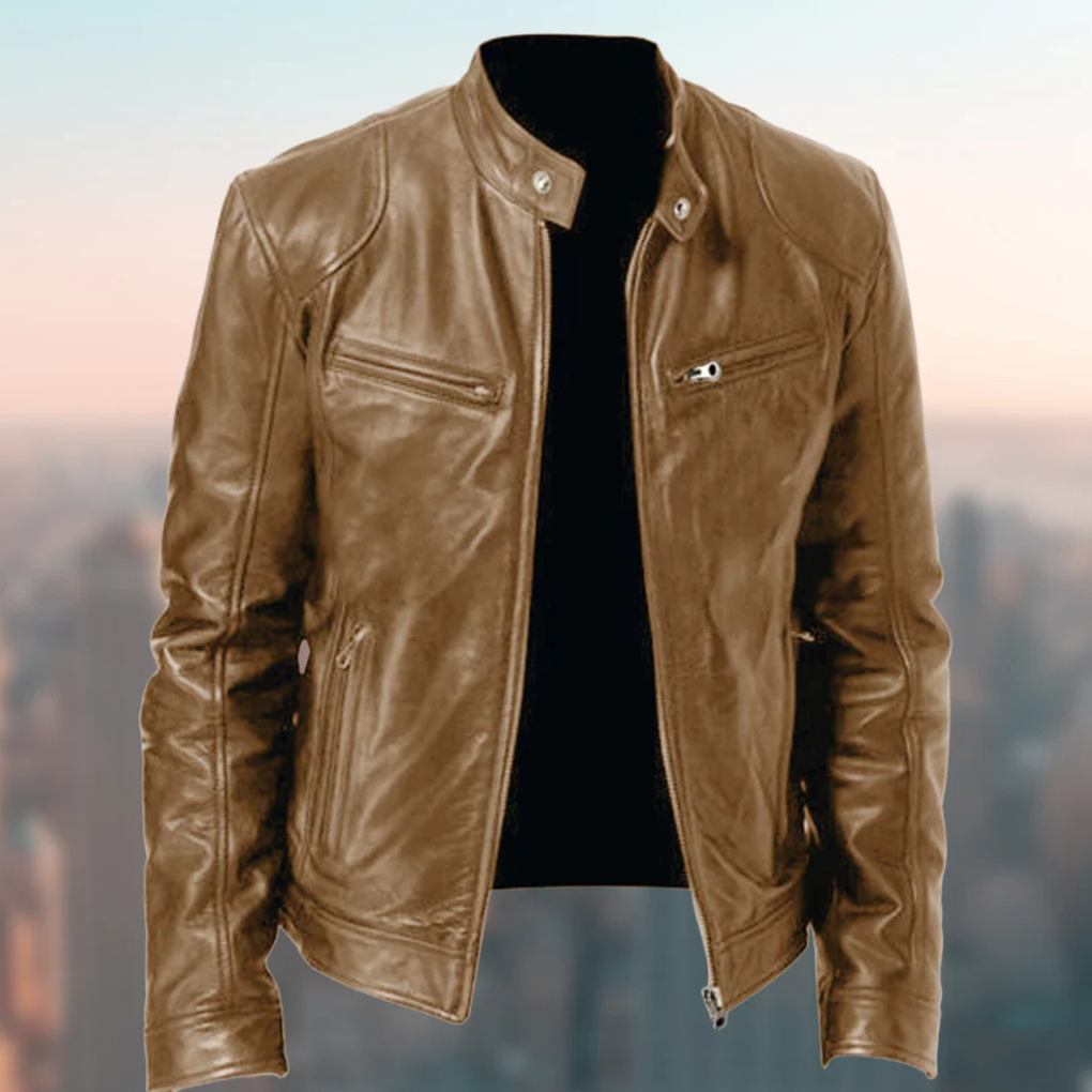 Nokmo | Men's Racer Leather Jacket with Zippered Pockets