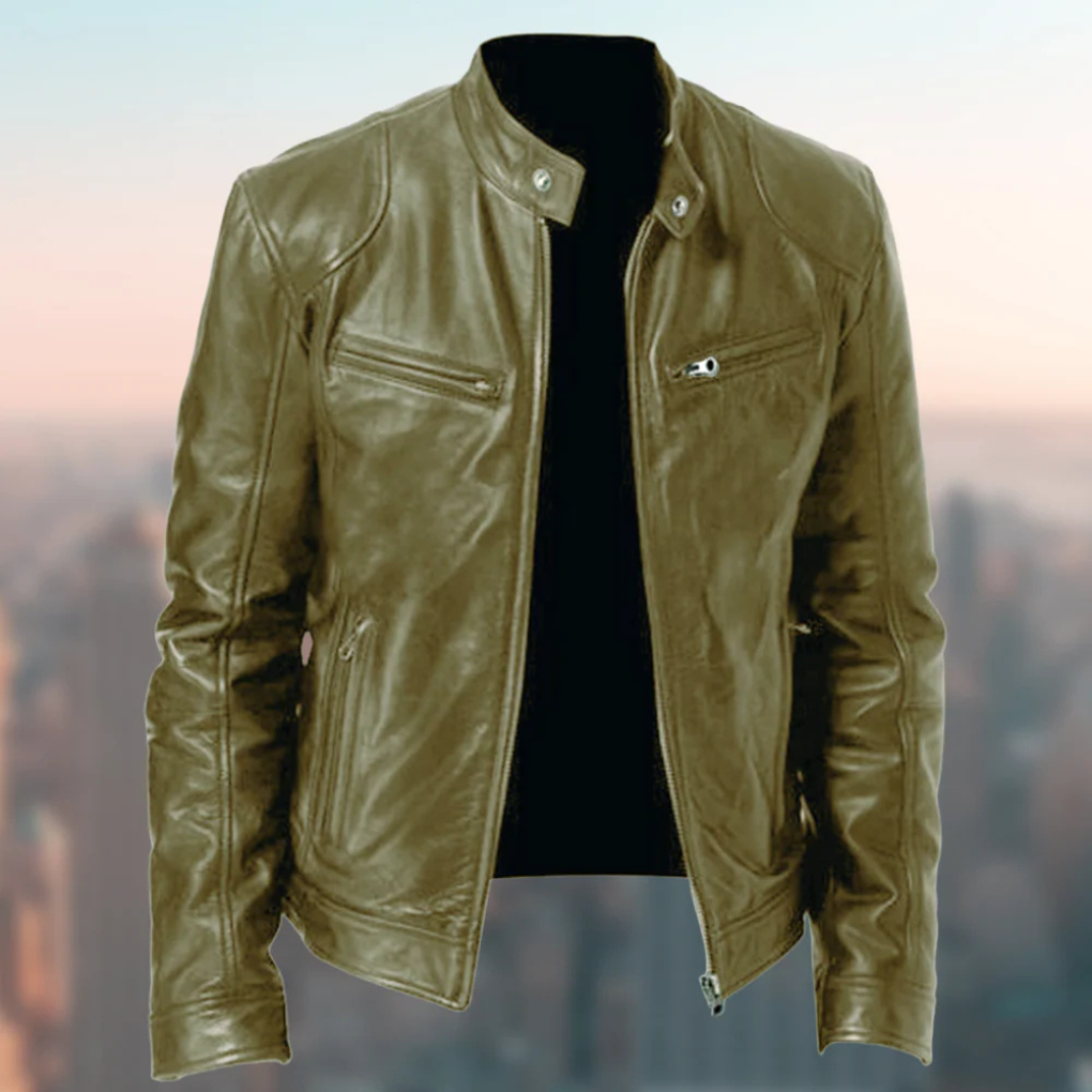Nokmo | Men's Racer Leather Jacket with Zippered Pockets