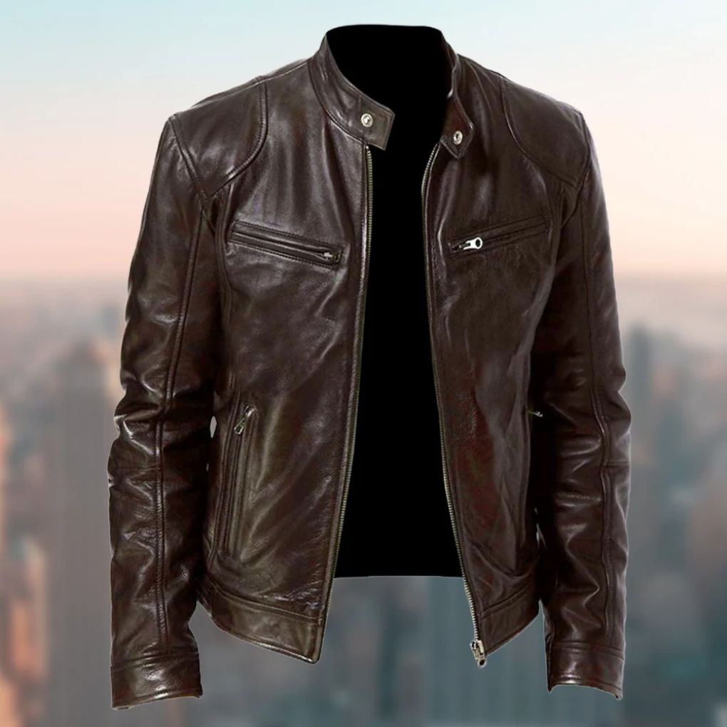 Nokmo | Men's Racer Leather Jacket with Zippered Pockets