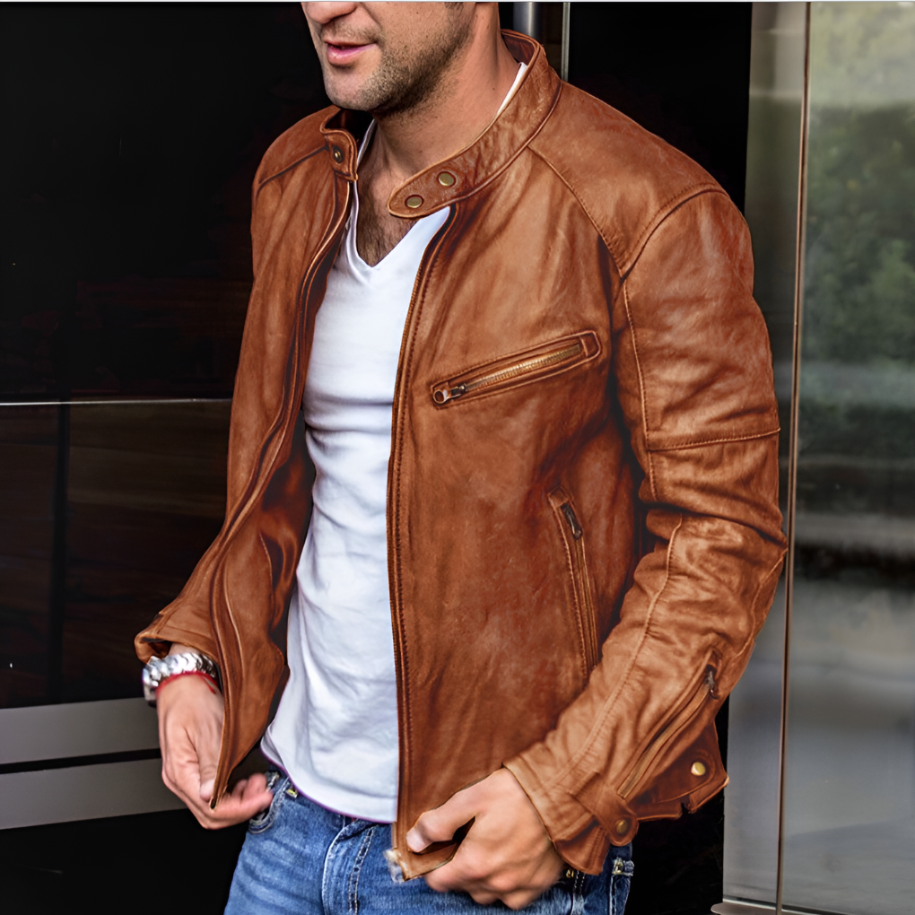 Nokmo | Men's Waterproof Leather Jacket with Zipper Detail