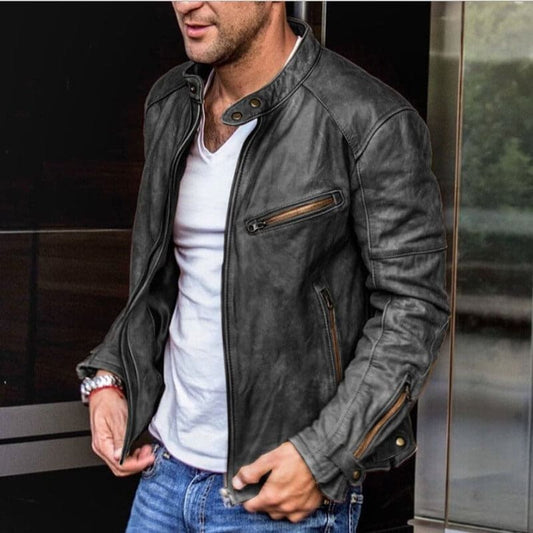 Nokmo | Men's Waterproof Leather Jacket with Zipper Detail