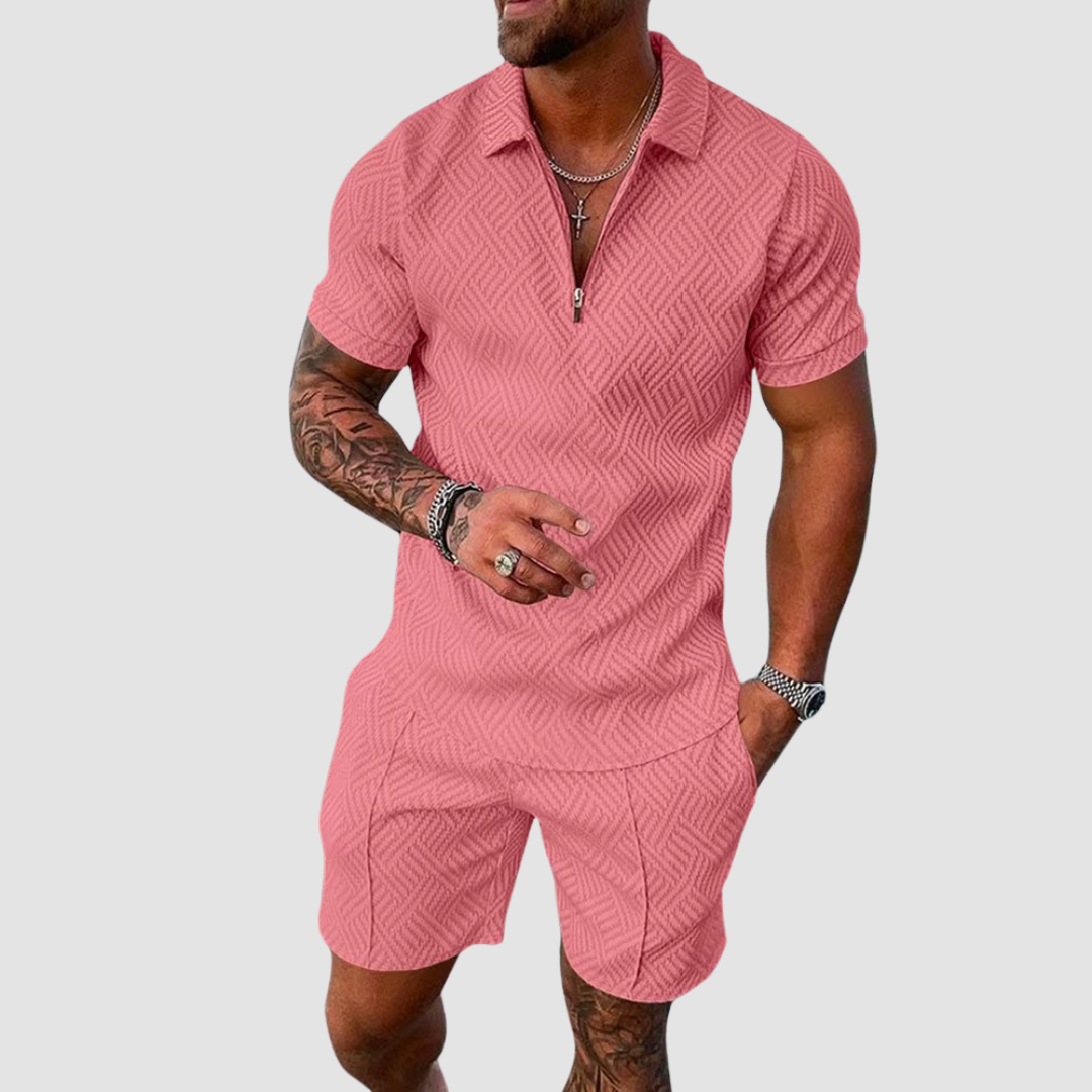 Nokmo | Men's Zipper Polo Shirt & Shorts Set Textured