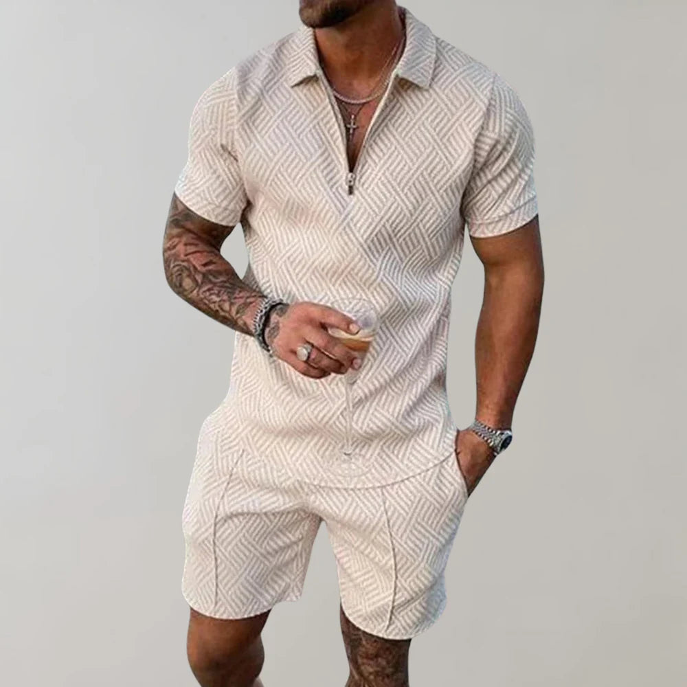 Nokmo | Men's Zipper Polo Shirt & Shorts Set Textured