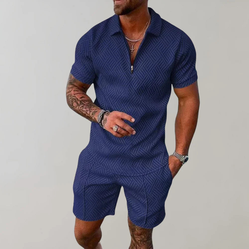 Nokmo | Men's Zipper Polo Shirt & Shorts Set Textured