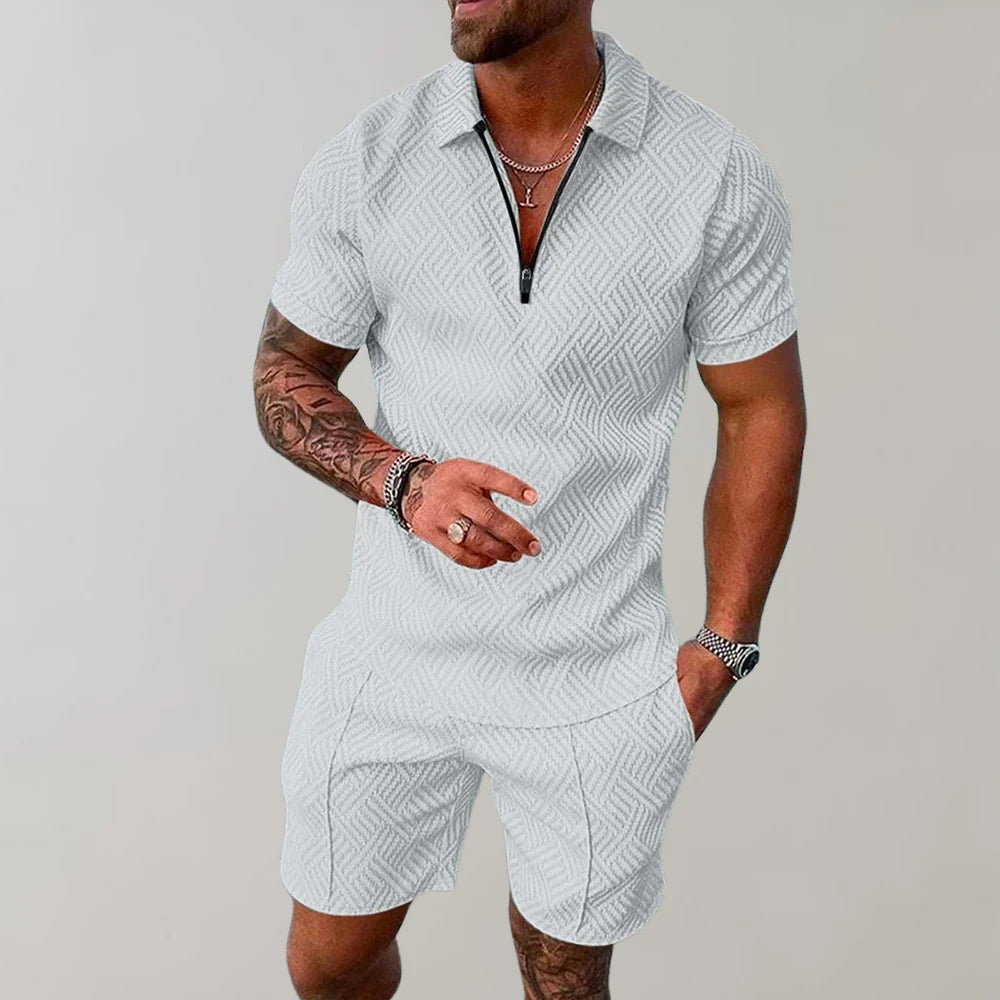 Nokmo | Men's Zipper Polo Shirt & Shorts Set Textured