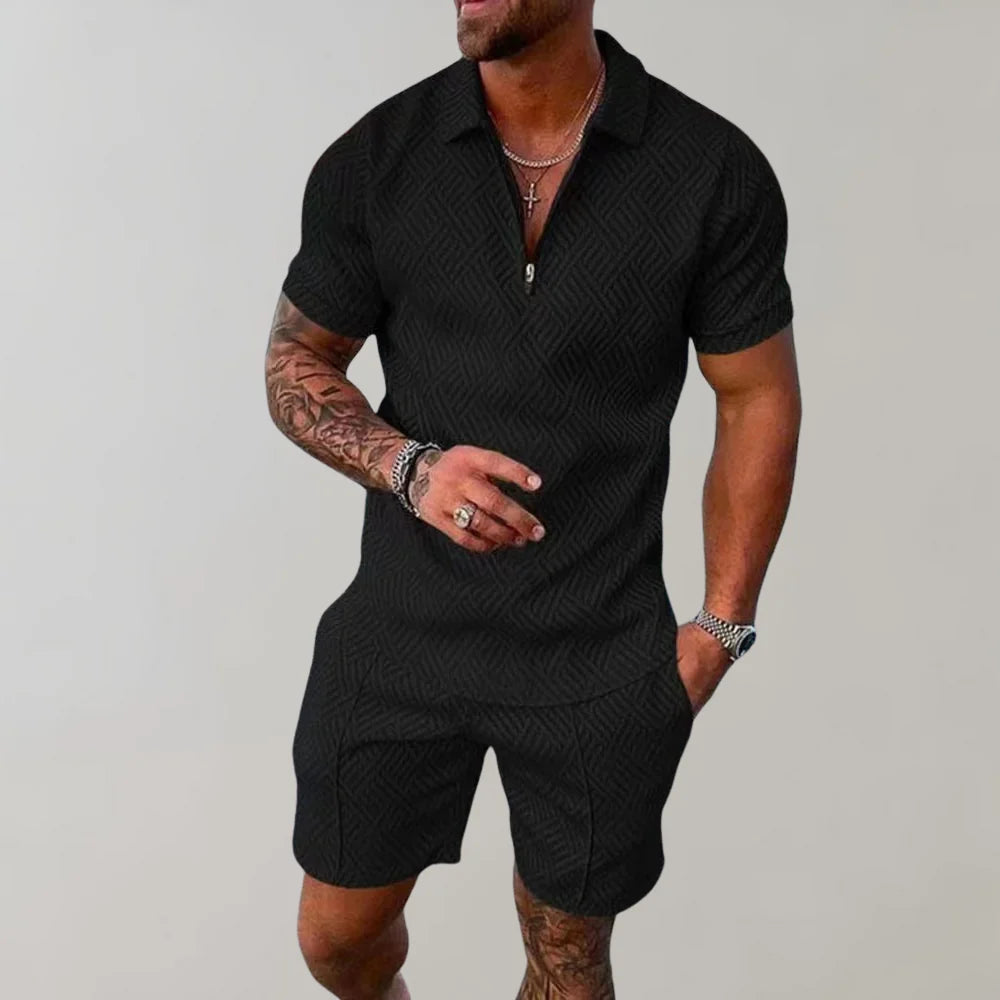 Nokmo | Men's Zipper Polo Shirt & Shorts Set Textured