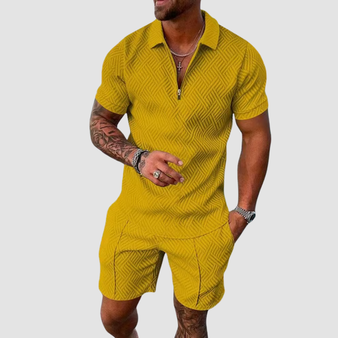 Nokmo | Men's Zipper Polo Shirt & Shorts Set Textured