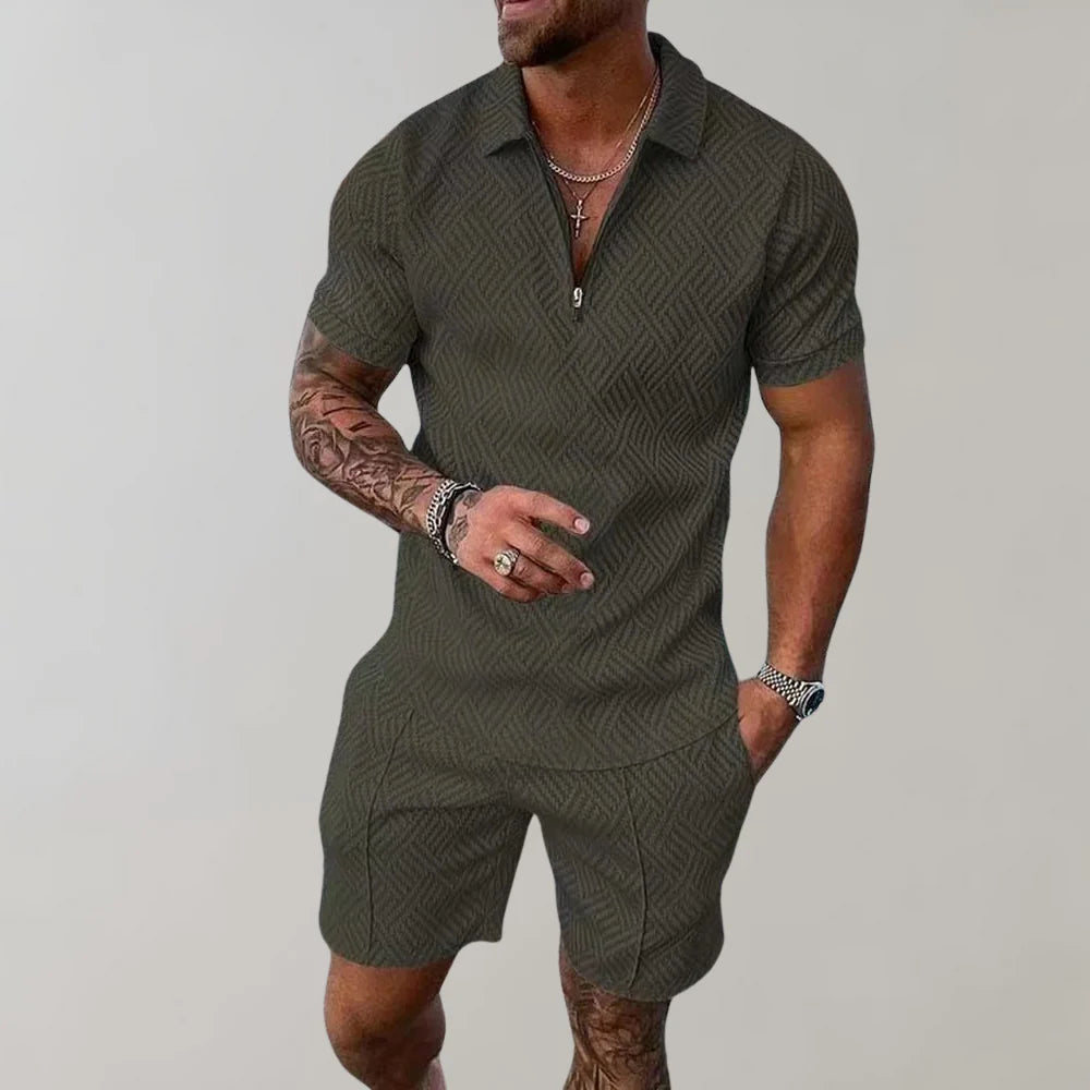 Nokmo | Men's Zipper Polo Shirt & Shorts Set Textured