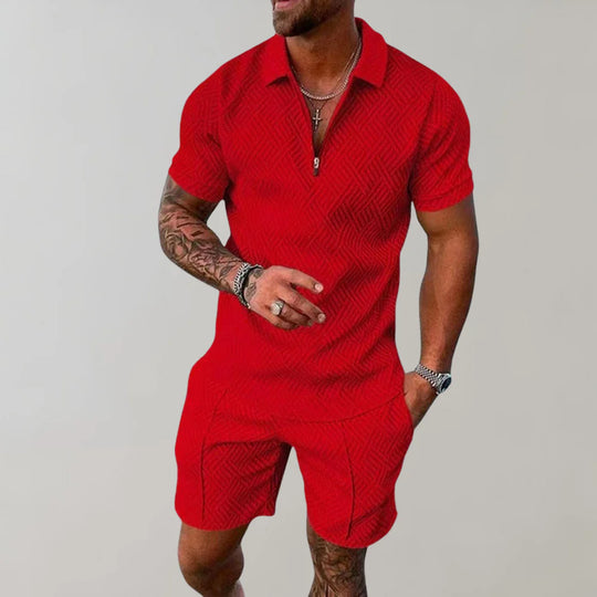 Nokmo | Men's Zipper Polo Shirt & Shorts Set Textured