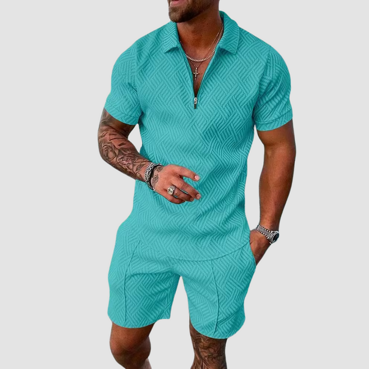 Nokmo | Men's Zipper Polo Shirt & Shorts Set Textured