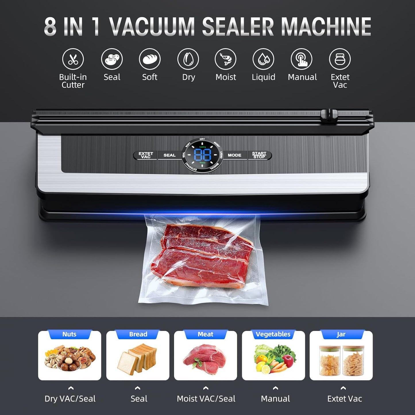 Nokmo | Professional 8-in-1 Vacuum Sealer | Integrated Precision Cutter | Modes for Dry & Moist Foods | Airtight LED Sealing System | Includes 15 Vacuum Bags