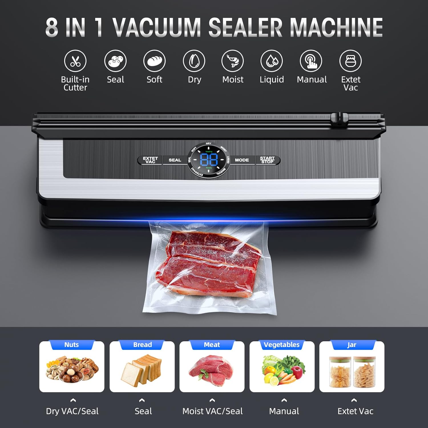 Nokmo | Professional 8-in-1 Vacuum Sealer | Integrated Precision Cutter | Modes for Dry & Moist Foods | Airtight LED Sealing System | Includes 15 Vacuum Bags