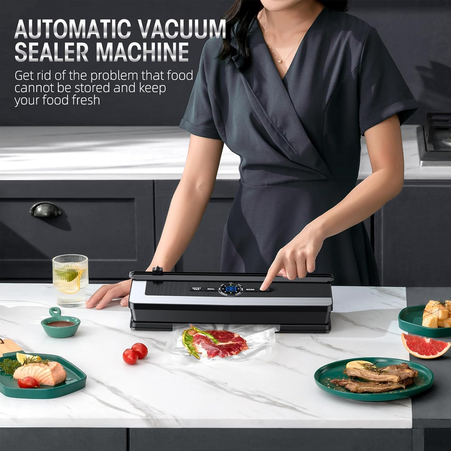 Nokmo | Professional 8-in-1 Vacuum Sealer | Integrated Precision Cutter | Modes for Dry & Moist Foods | Airtight LED Sealing System | Includes 15 Vacuum Bags