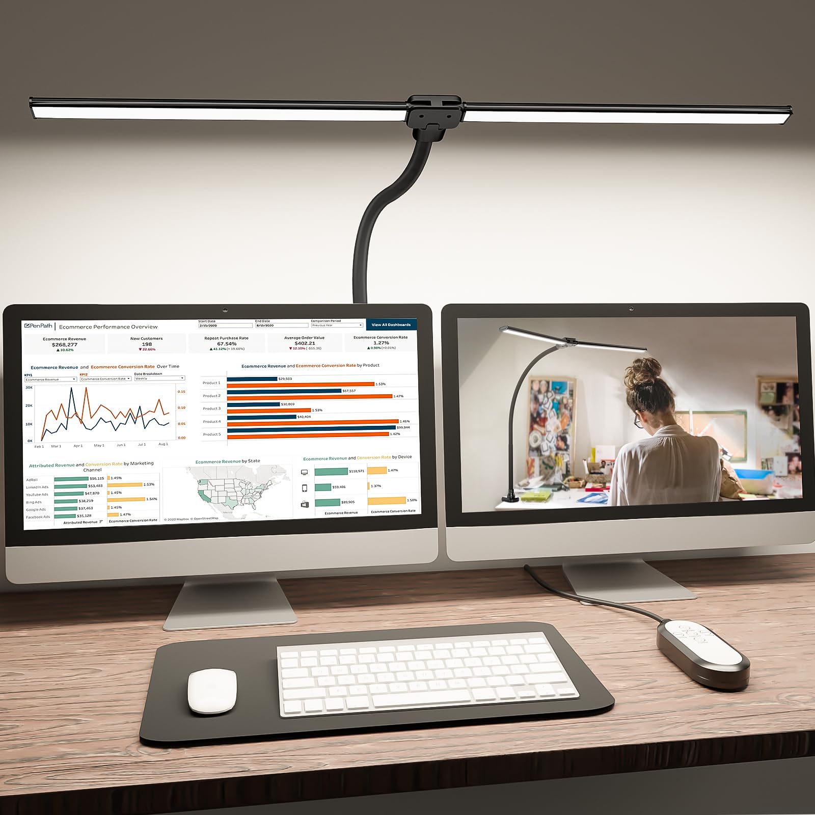 Nokmo | Shinetech LED Desk Lamp for Home Office, 4000k Neutral White Double Head Architect Task Lamps with Clamp, Dimmable Adjustable