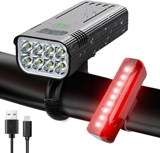 Nokmo | Victoper 8000 Lumens Bicycle Light Set, 8 LED USB Rechargeable Front & Rear Lights, Matte Black