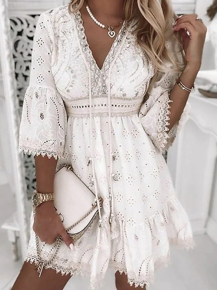 Nokmo | Women's Broderie Mini Dress with Flare Sleeves