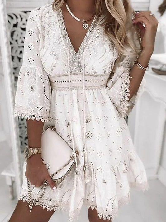 Nokmo | Women's Broderie Mini Dress with Flare Sleeves
