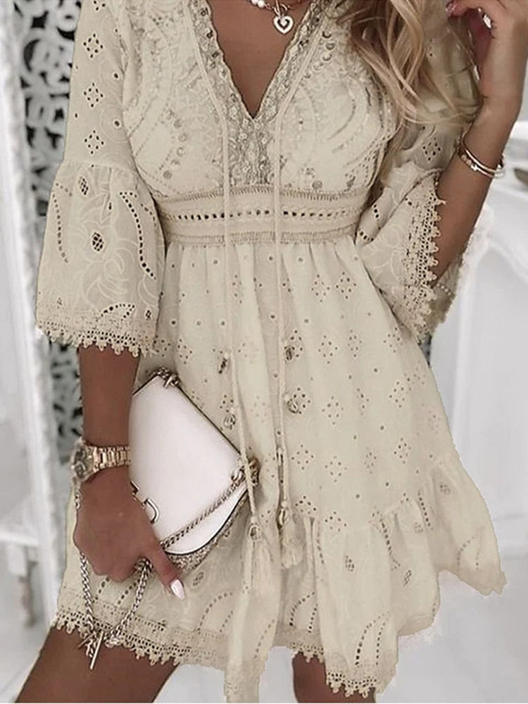 Nokmo | Women's Broderie Mini Dress with Flare Sleeves