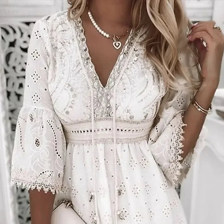 Nokmo | Women's Broderie Mini Dress with Flare Sleeves