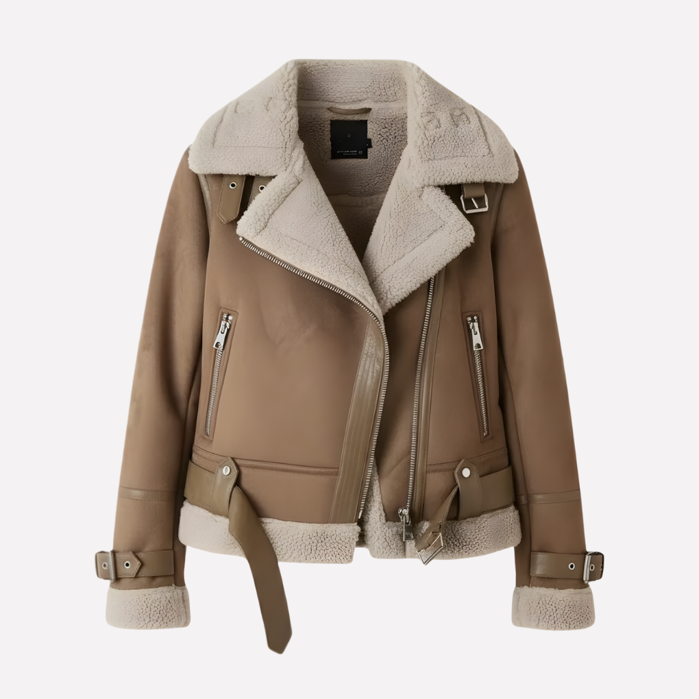 Nokmo | Women's Faux Leather Aviator Jacket with Shearling Collar