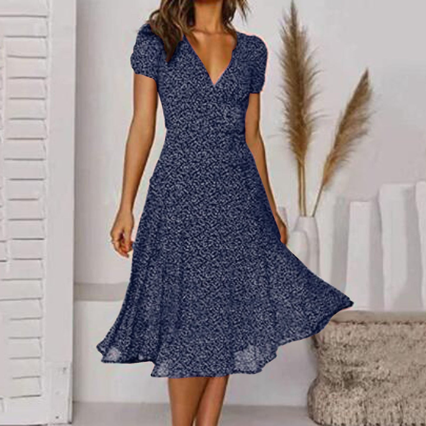 Nokmo | Women's Floral A-line V-Neck Midi Dress