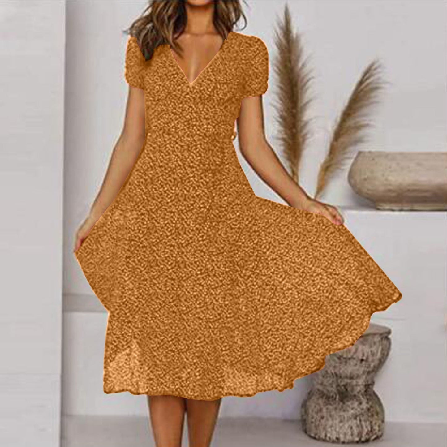 Nokmo | Women's Floral A-line V-Neck Midi Dress
