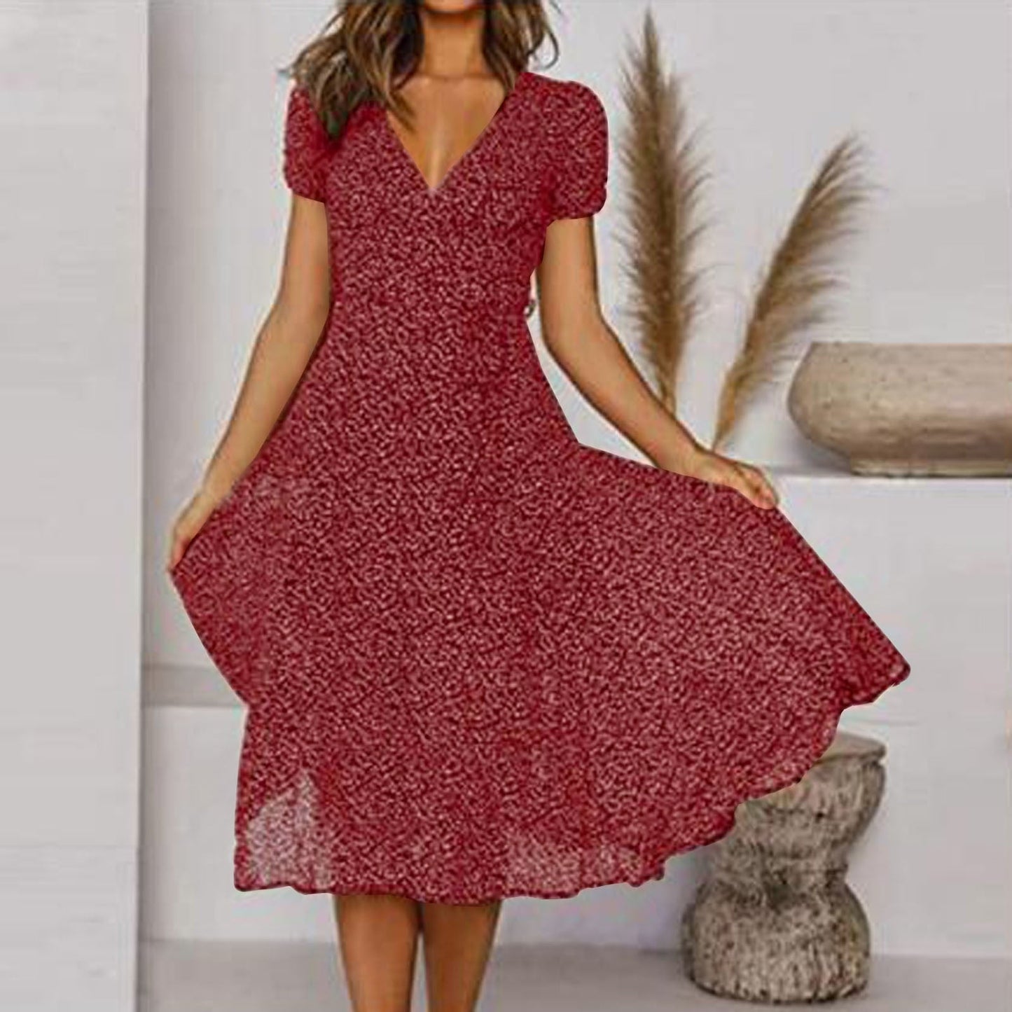Nokmo | Women's Floral A-line V-Neck Midi Dress