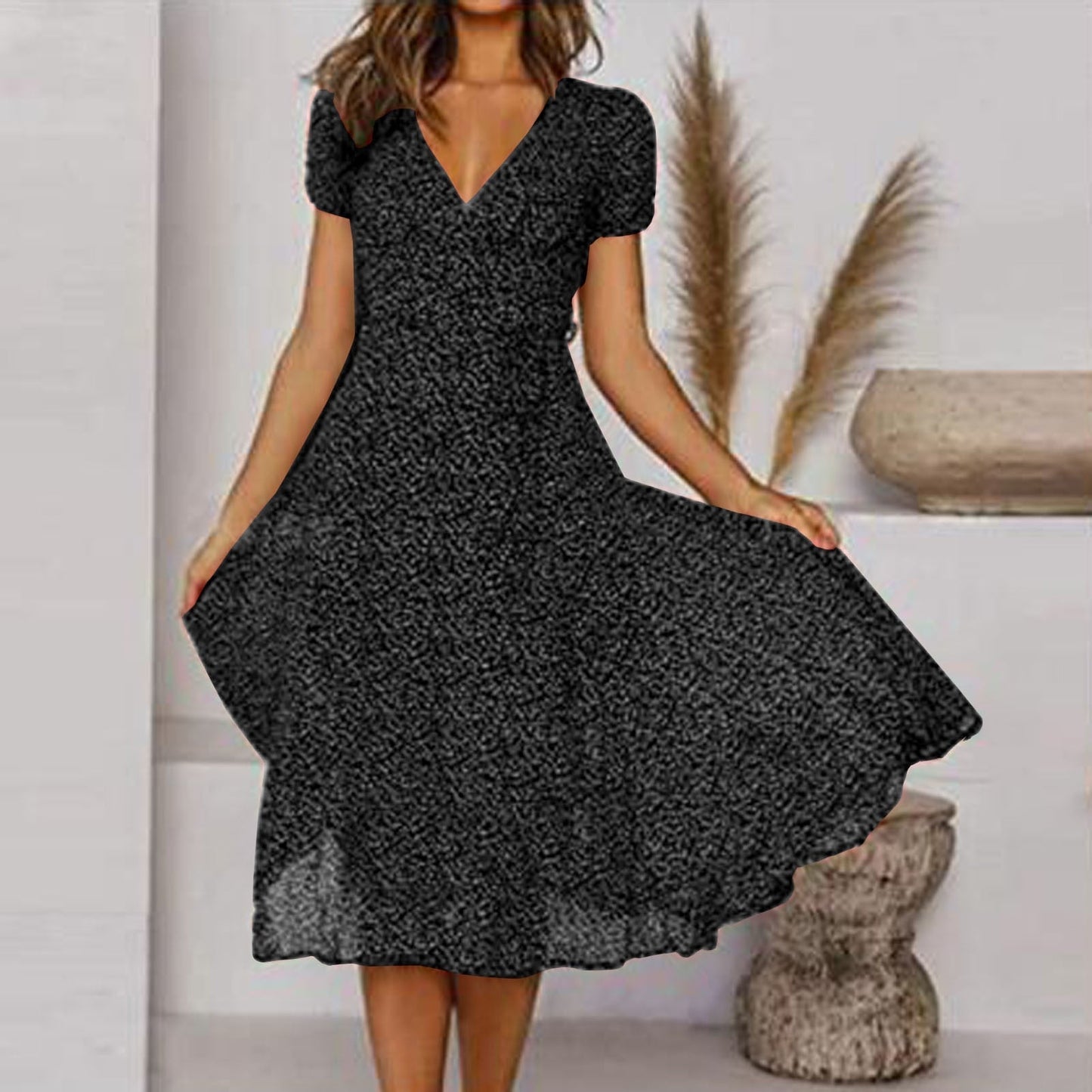 Nokmo | Women's Floral A-line V-Neck Midi Dress