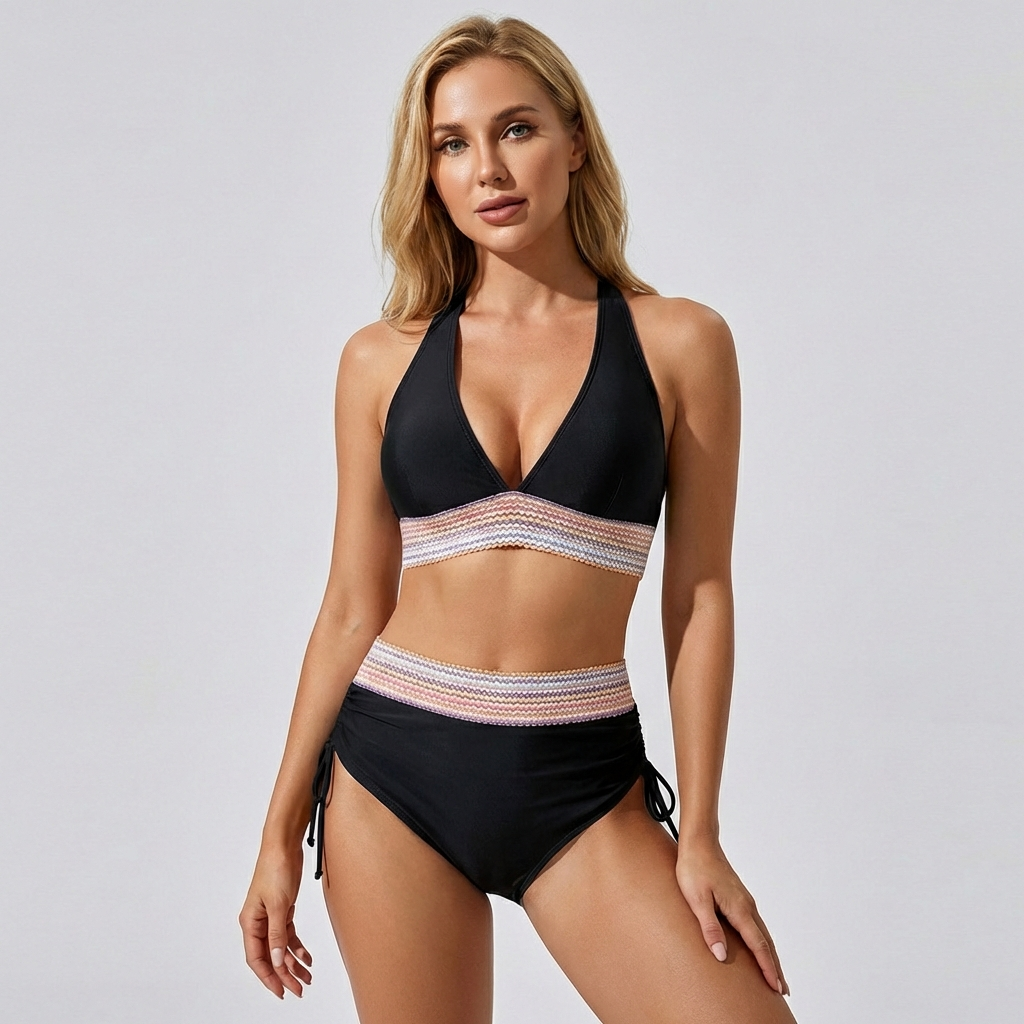 Nokmo | Women's High-Waisted Bikini with Colorblock Waistband
