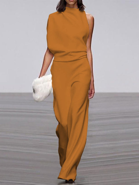 Nokmo Women's Jumpsuit with Round Neckline, Sleeveless and Wide Leg
