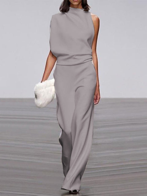 Nokmo Women's Jumpsuit with Round Neckline, Sleeveless and Wide Leg