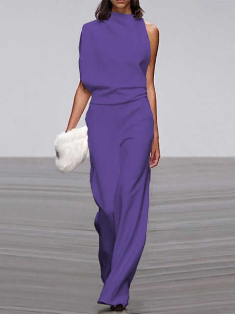 Nokmo Women's Jumpsuit with Round Neckline, Sleeveless and Wide Leg
