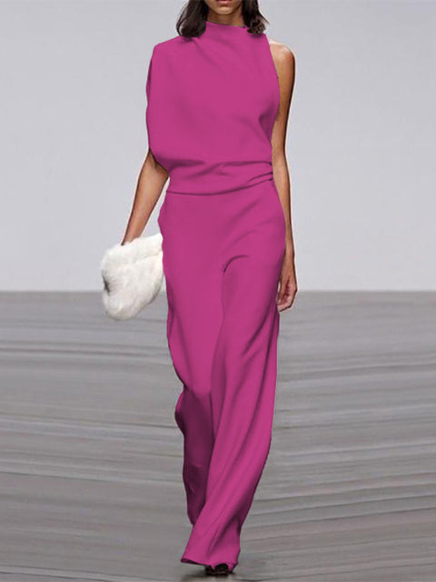 Nokmo Women's Jumpsuit with Round Neckline, Sleeveless and Wide Leg