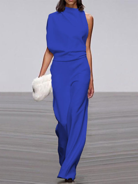 Nokmo Women's Jumpsuit with Round Neckline, Sleeveless and Wide Leg