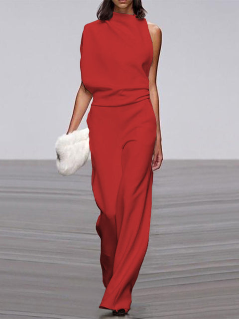 Nokmo Women's Jumpsuit with Round Neckline, Sleeveless and Wide Leg