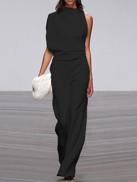 Nokmo Women's Jumpsuit with Round Neckline, Sleeveless and Wide Leg