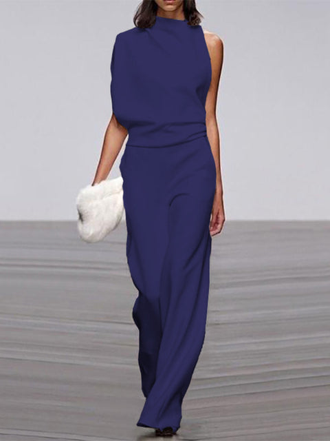 Nokmo Women's Jumpsuit with Round Neckline, Sleeveless and Wide Leg