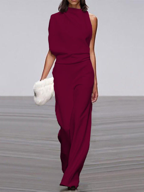 Nokmo Women's Jumpsuit with Round Neckline, Sleeveless and Wide Leg