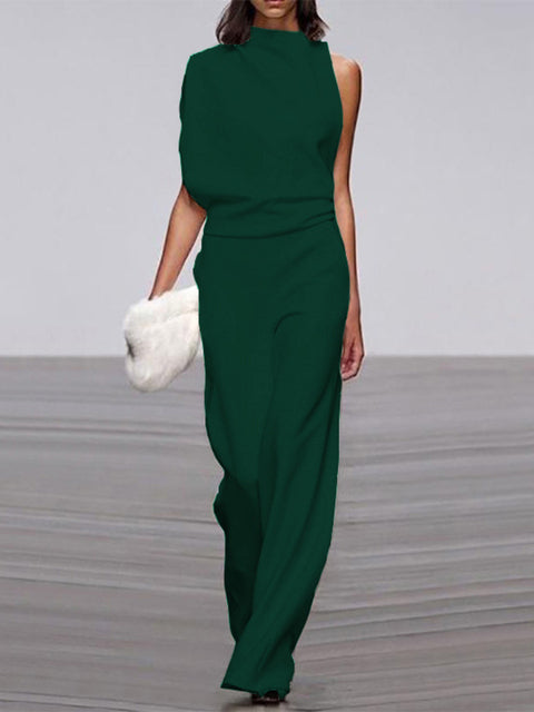 Nokmo Women's Jumpsuit with Round Neckline, Sleeveless and Wide Leg