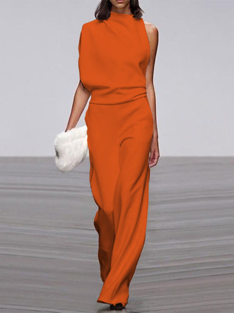 Nokmo Women's Jumpsuit with Round Neckline, Sleeveless and Wide Leg