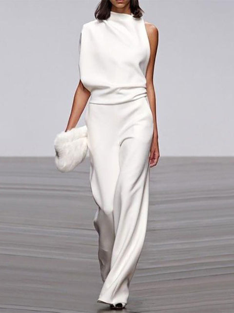 Nokmo Women's Jumpsuit with Round Neckline, Sleeveless and Wide Leg