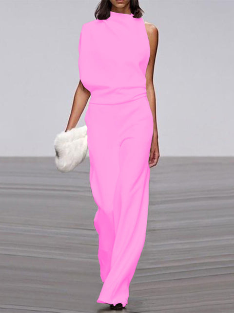 Nokmo Women's Jumpsuit with Round Neckline, Sleeveless and Wide Leg