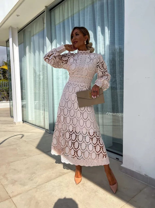 Nokmo | Women's Lace Midi Dress with High Neck